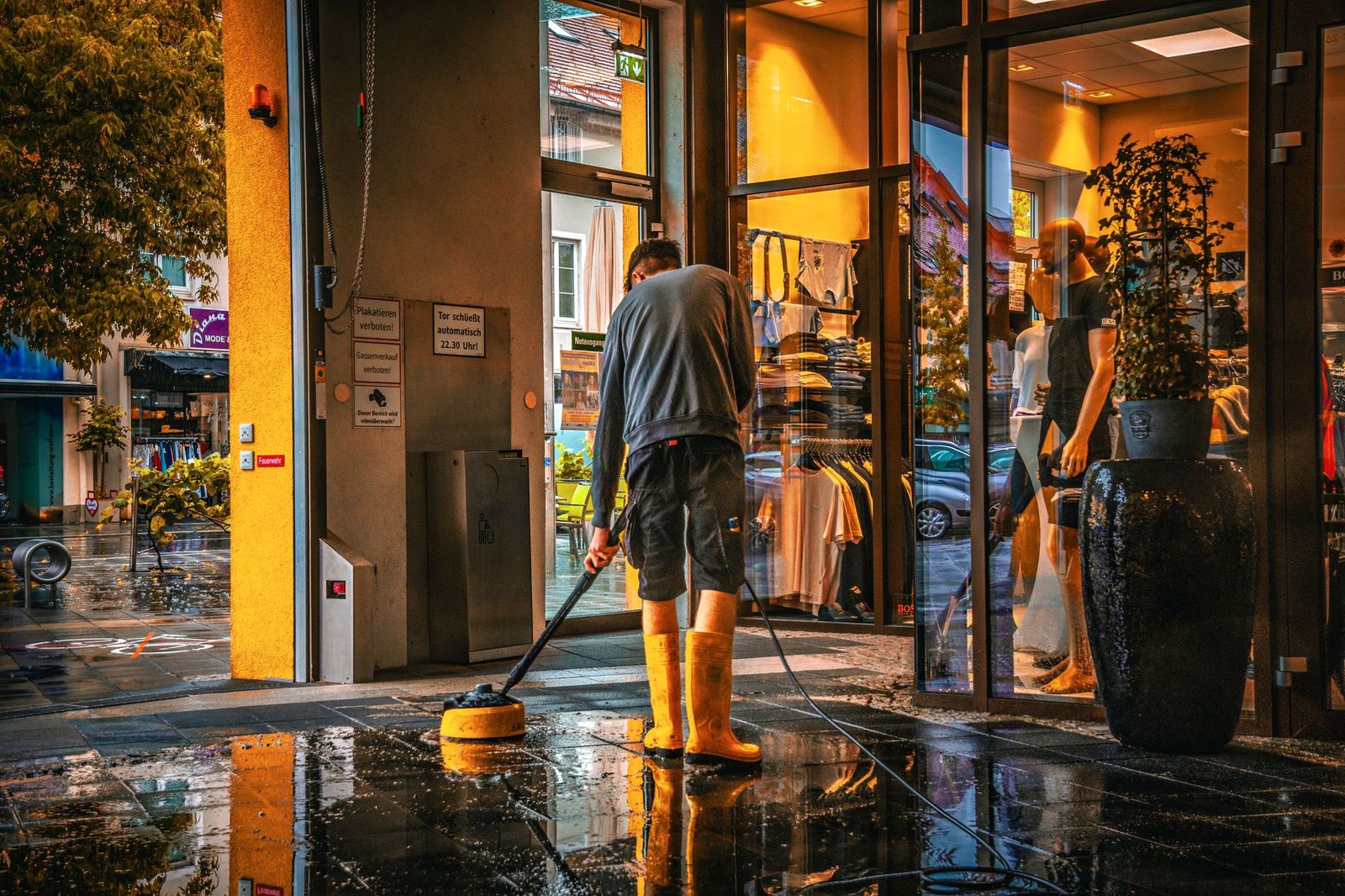Limpeza da entrada de uma loja em dia de chuva